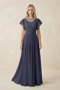 Cap Sleeve Ruffled A - Line Chiffon Bridesmaid Dress in Dusk Blue - SHE IS ME Bridesmaid Dresses