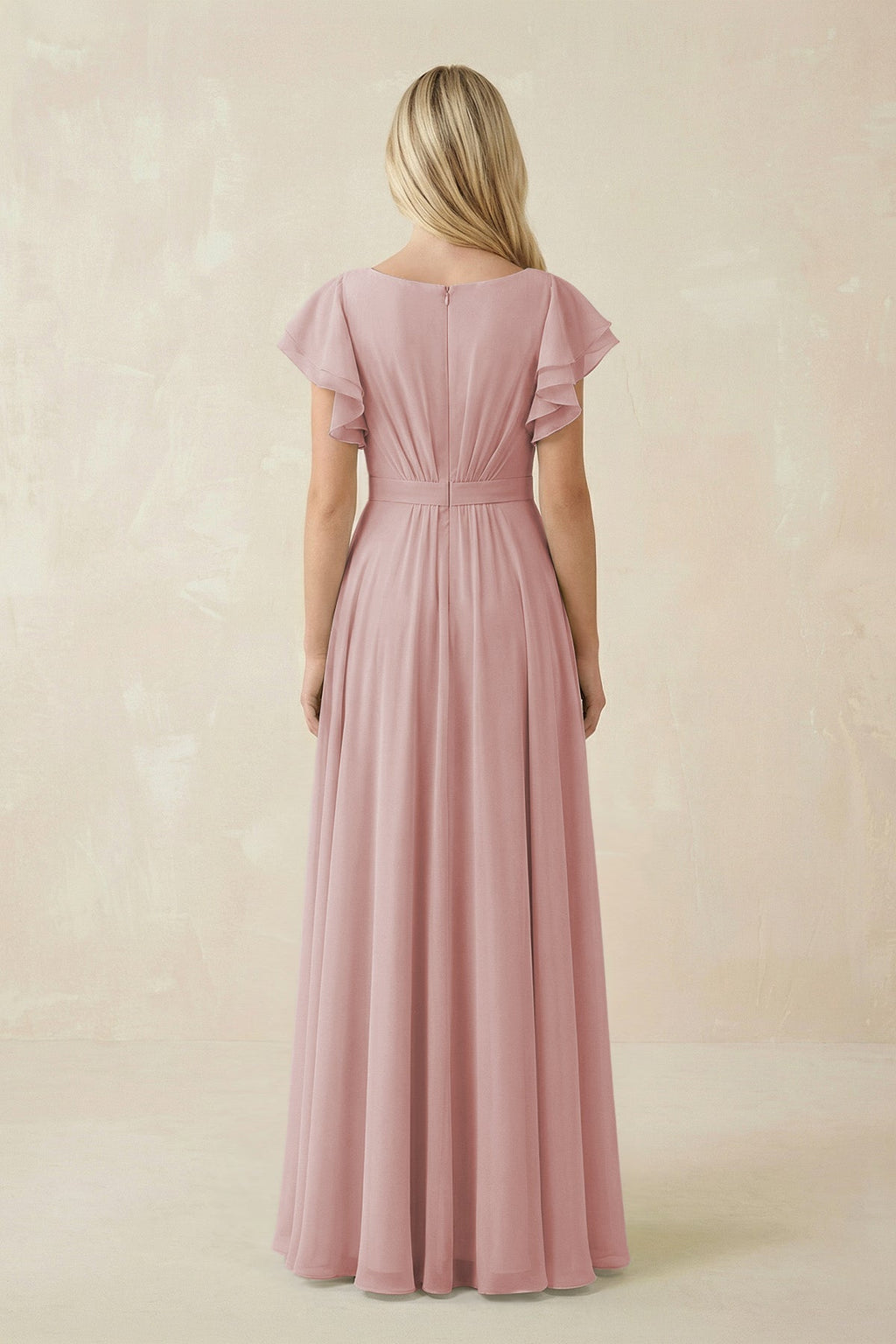 Cap Sleeve Ruffled A - Line Chiffon Bridesmaid Dress in Dusty Rose - SHE IS ME Bridesmaid Dresses