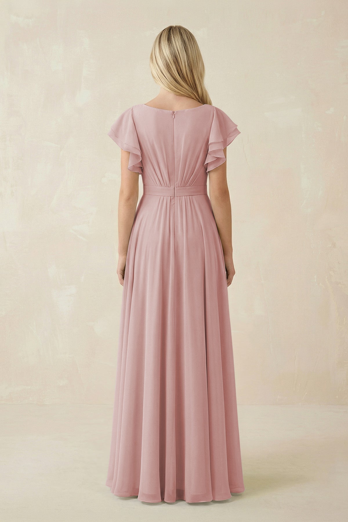 Cap Sleeve Ruffled A - Line Chiffon Bridesmaid Dress in Dusty Rose - SHE IS ME Bridesmaid Dresses