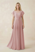 Cap Sleeve Ruffled A - Line Chiffon Bridesmaid Dress in Dusty Rose - SHE IS ME Bridesmaid Dresses