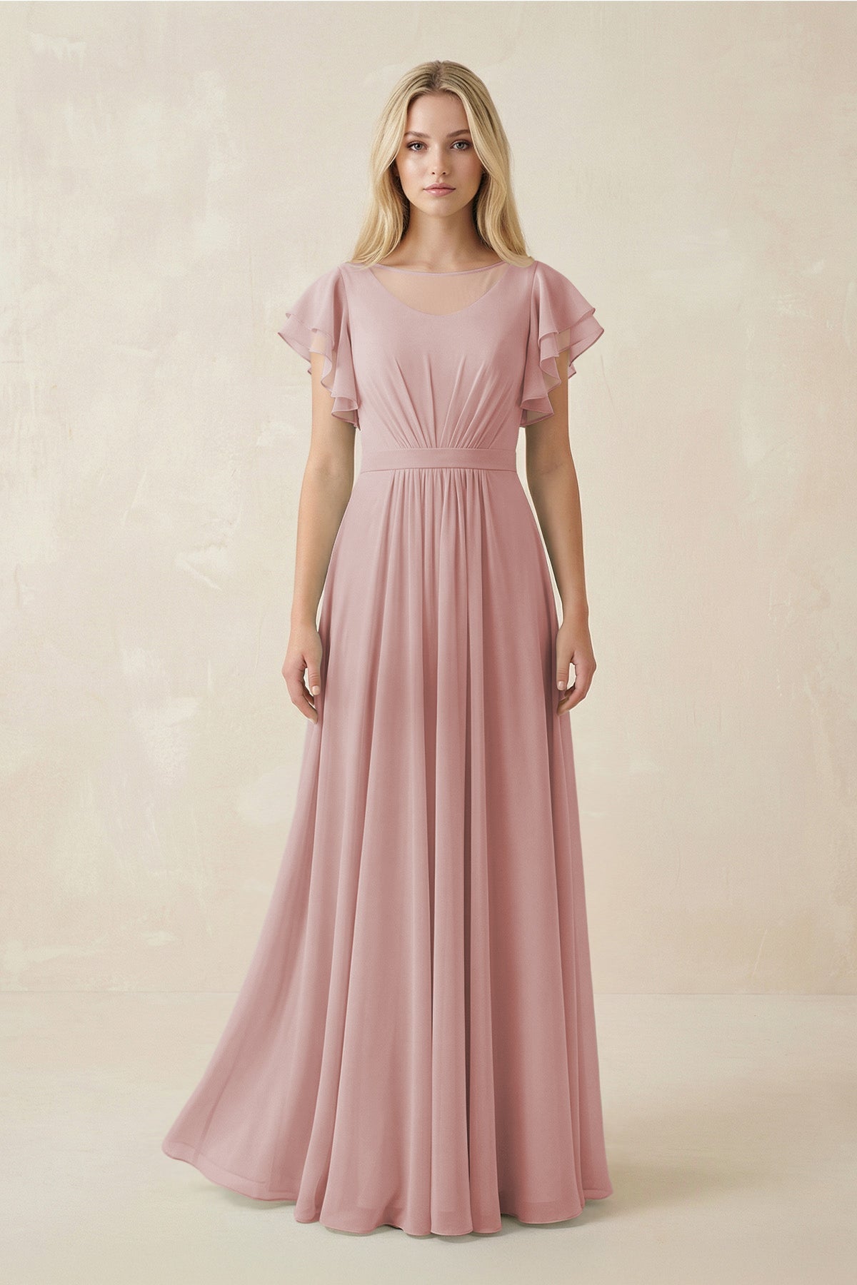 Cap Sleeve Ruffled A - Line Chiffon Bridesmaid Dress in Dusty Rose - SHE IS ME Bridesmaid Dresses