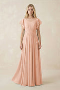 Cap Sleeve Ruffled A - Line Chiffon Bridesmaid Dress in English Rose - SHE IS ME Bridesmaid Dresses