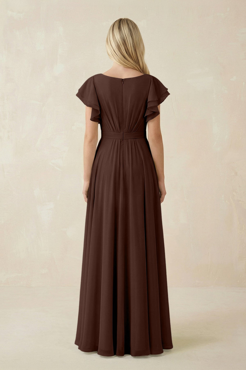 Cap Sleeve Ruffled A - Line Chiffon Bridesmaid Dress in Espresso - SHE IS ME Bridesmaid Dresses