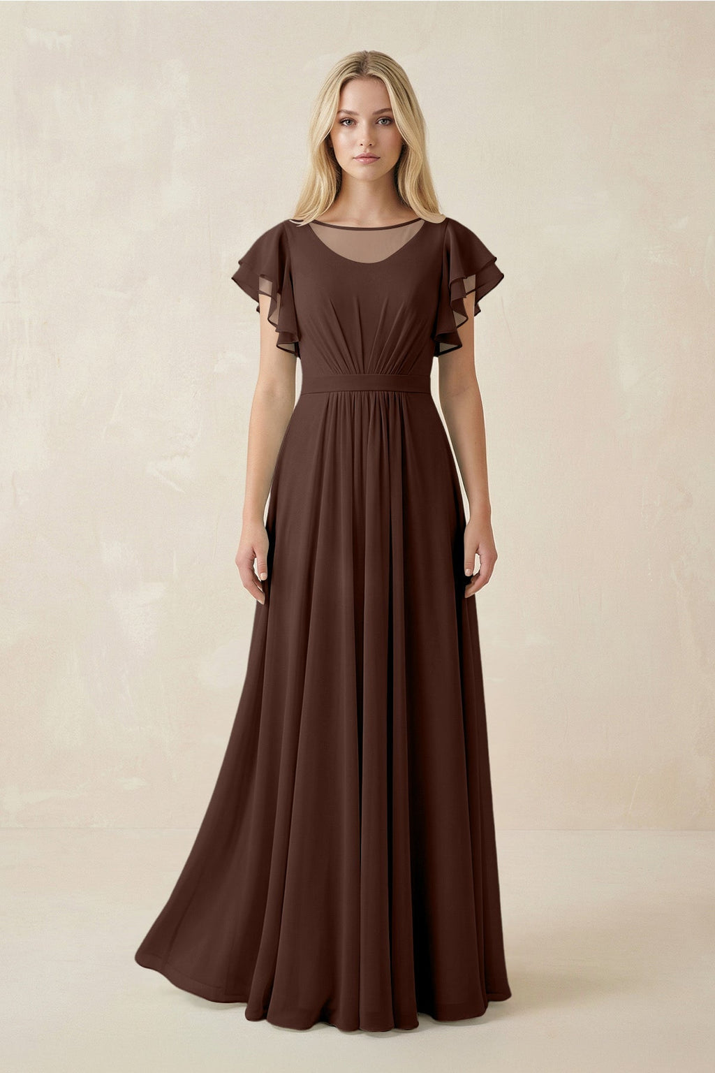 Cap Sleeve Ruffled A - Line Chiffon Bridesmaid Dress in Espresso - SHE IS ME Bridesmaid Dresses