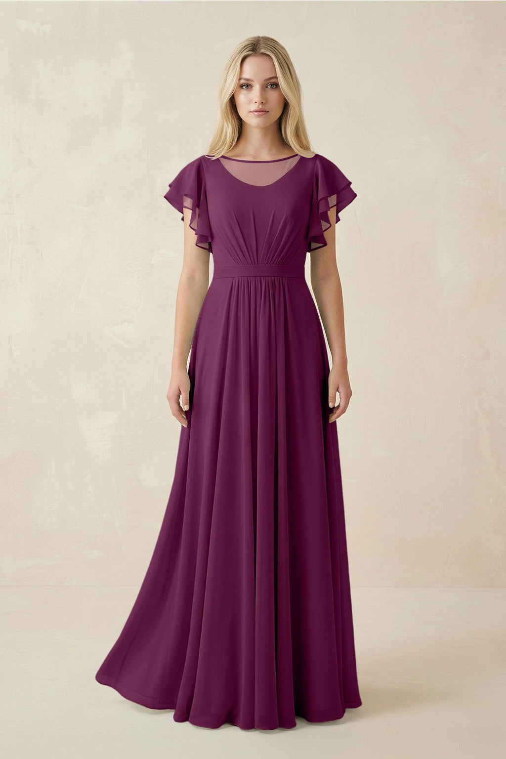 Cap Sleeve Ruffled A - Line Chiffon Bridesmaid Dress in Fig - SHE IS ME Bridesmaid Dresses