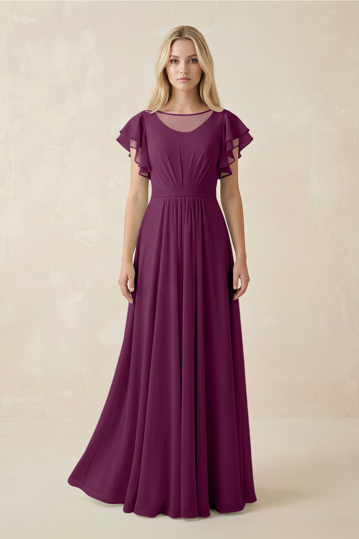 Cap Sleeve Ruffled A - Line Chiffon Bridesmaid Dress in Fig - SHE IS ME Bridesmaid Dresses