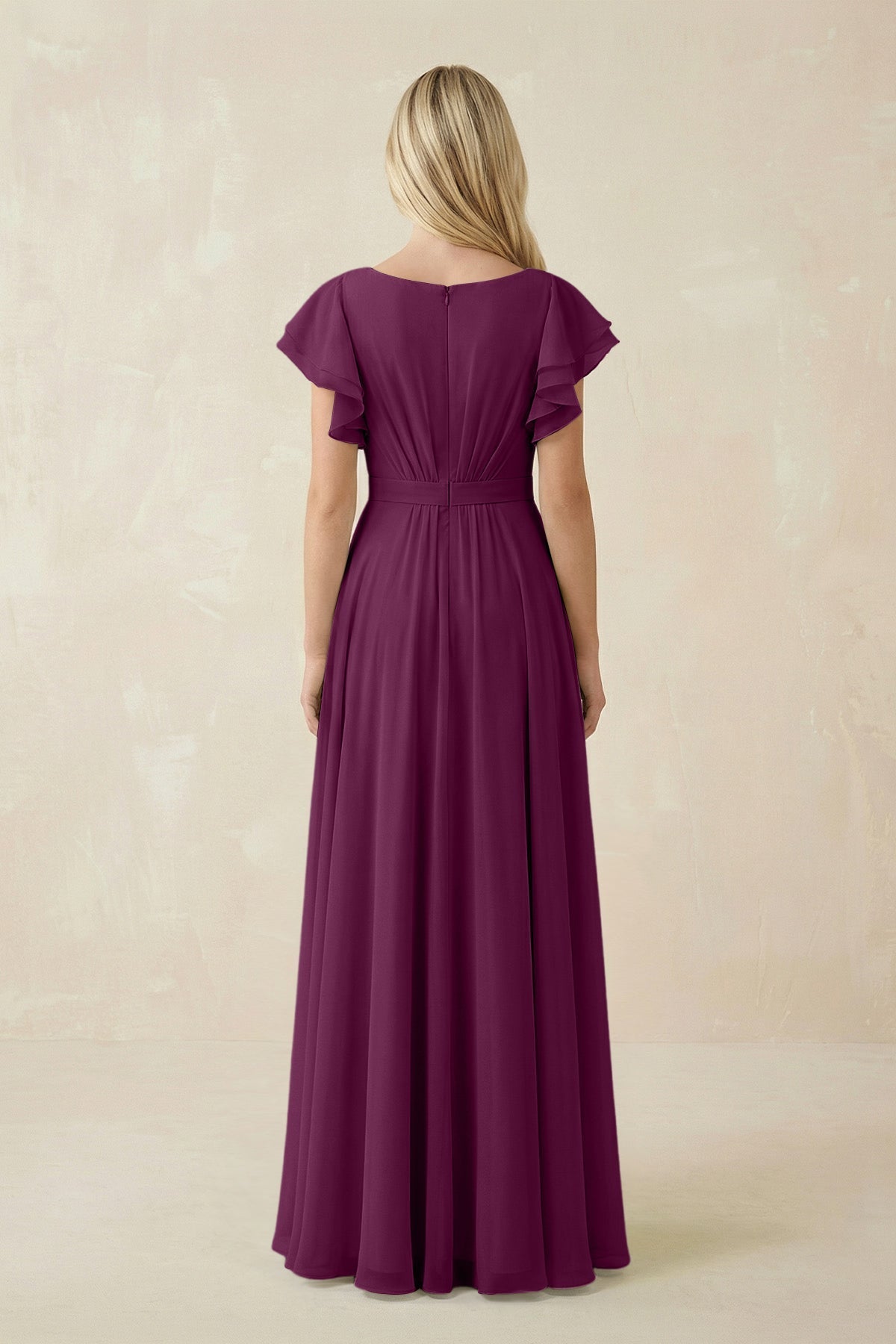 Cap Sleeve Ruffled A - Line Chiffon Bridesmaid Dress in Fig - SHE IS ME Bridesmaid Dresses