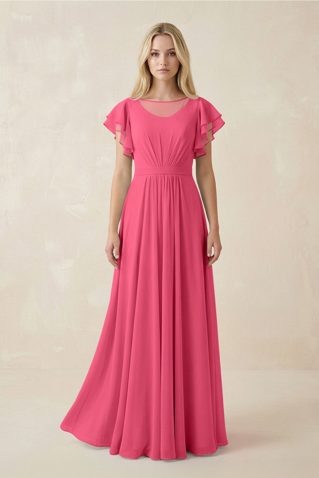 Cap Sleeve Ruffled A - Line Chiffon Bridesmaid Dress in Fuchsia - SHE IS ME Bridesmaid Dresses