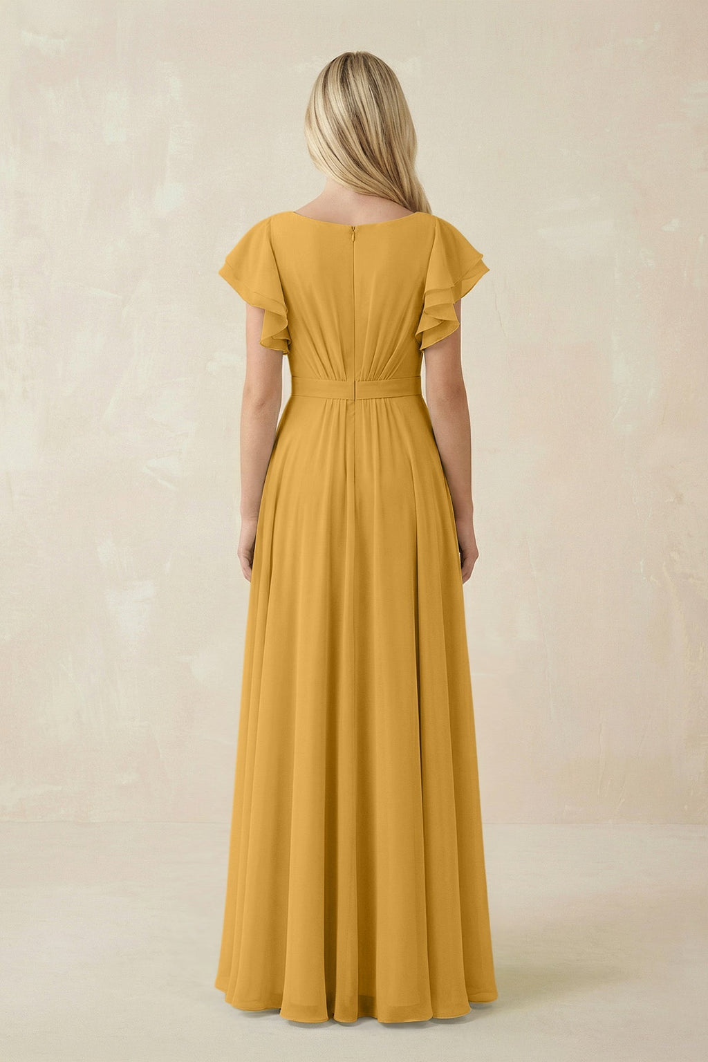 Cap Sleeve Ruffled A - Line Chiffon Bridesmaid Dress in Marigold - SHE IS ME Bridesmaid Dresses