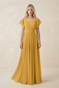 Cap Sleeve Ruffled A - Line Chiffon Bridesmaid Dress in Marigold - SHE IS ME Bridesmaid Dresses
