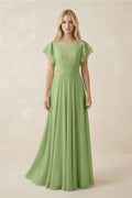 Cap Sleeve Ruffled A - Line Chiffon Bridesmaid Dress in Matcha - SHE IS ME Bridesmaid Dresses