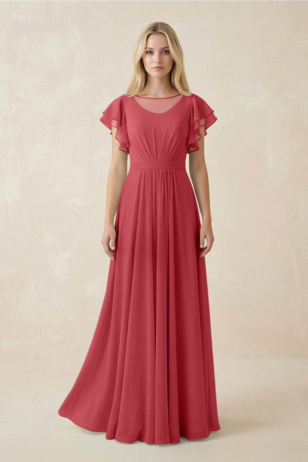 Cap Sleeve Ruffled A - Line Chiffon Bridesmaid Dress in Merlot - SHE IS ME Bridesmaid Dresses