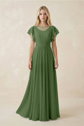 Cap Sleeve Ruffled A - Line Chiffon Bridesmaid Dress in Moss - SHE IS ME Bridesmaid Dresses