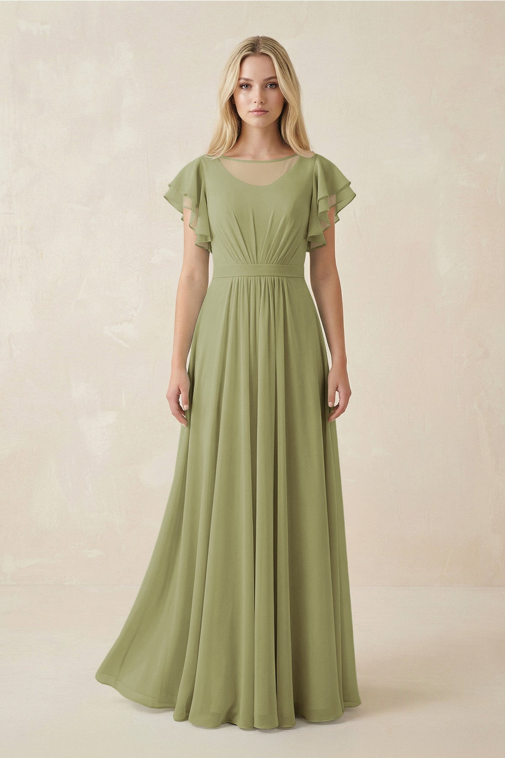 Cap Sleeve Ruffled A - Line Chiffon Bridesmaid Dress in Moss Green - SHE IS ME Bridesmaid Dresses