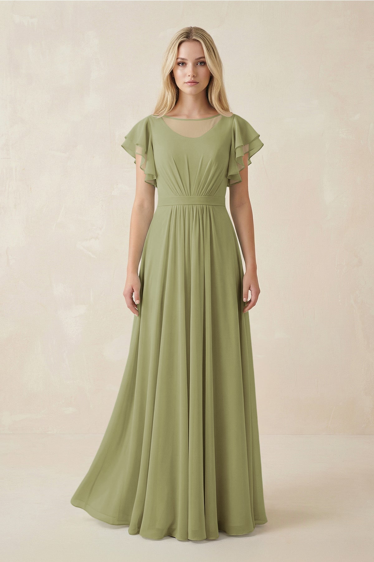 Cap Sleeve Ruffled A - Line Chiffon Bridesmaid Dress in Moss Green - SHE IS ME Bridesmaid Dresses