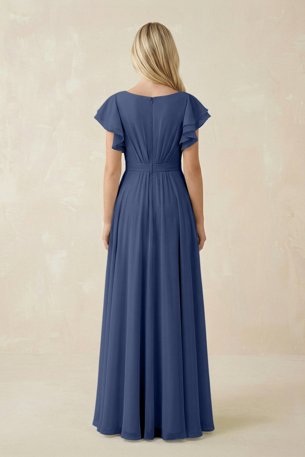 Cap Sleeve Ruffled A - Line Chiffon Bridesmaid Dress in Navy - SHE IS ME Bridesmaid Dresses