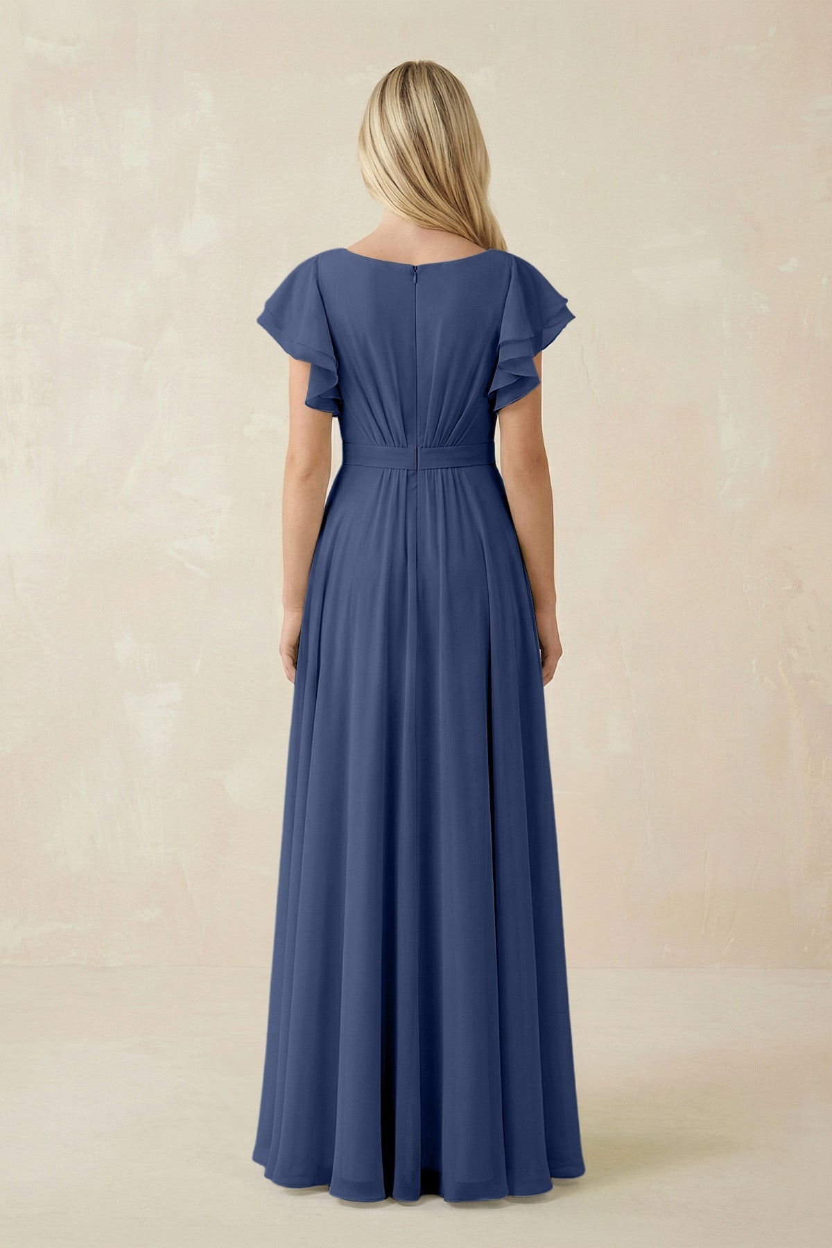 Cap Sleeve Ruffled A - Line Chiffon Bridesmaid Dress in Navy - SHE IS ME Bridesmaid Dresses