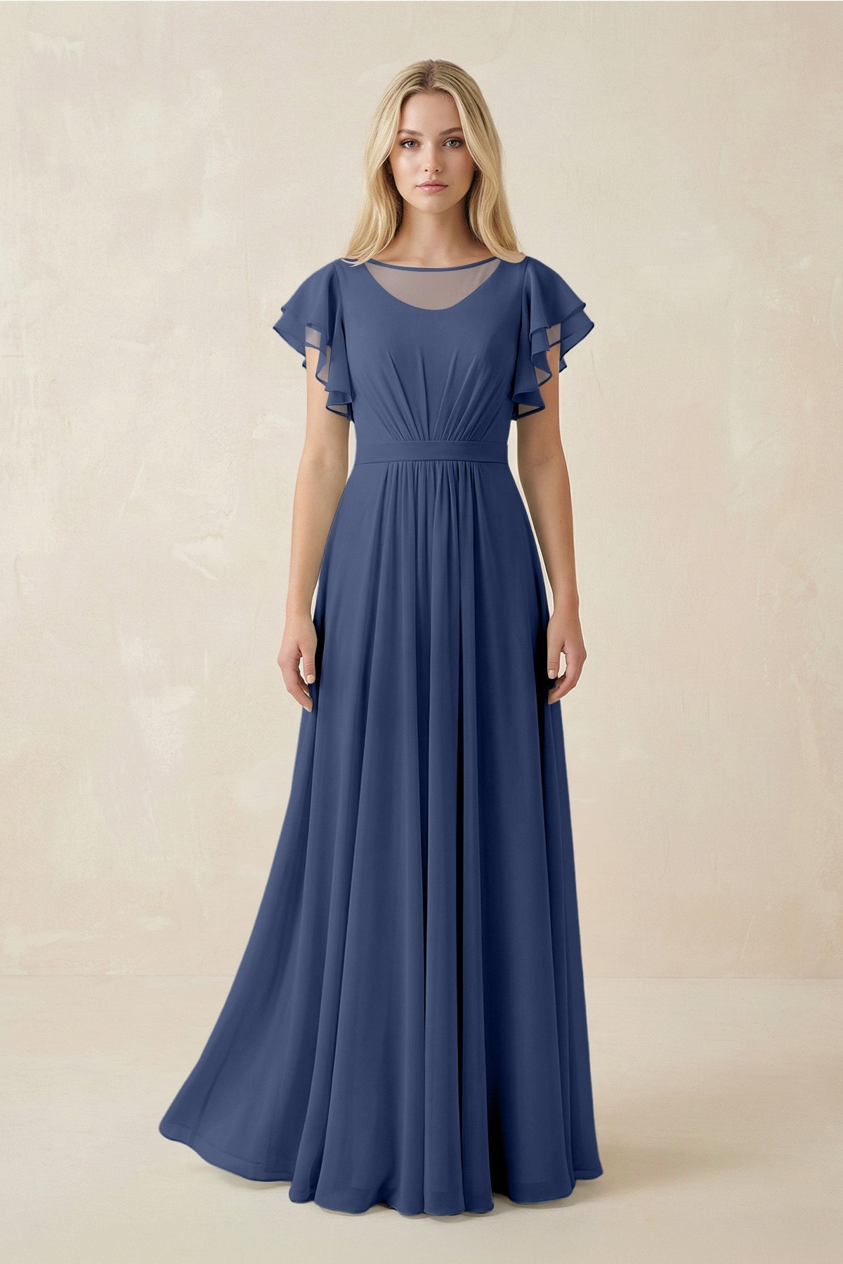 Cap Sleeve Ruffled A - Line Chiffon Bridesmaid Dress in Navy - SHE IS ME Bridesmaid Dresses