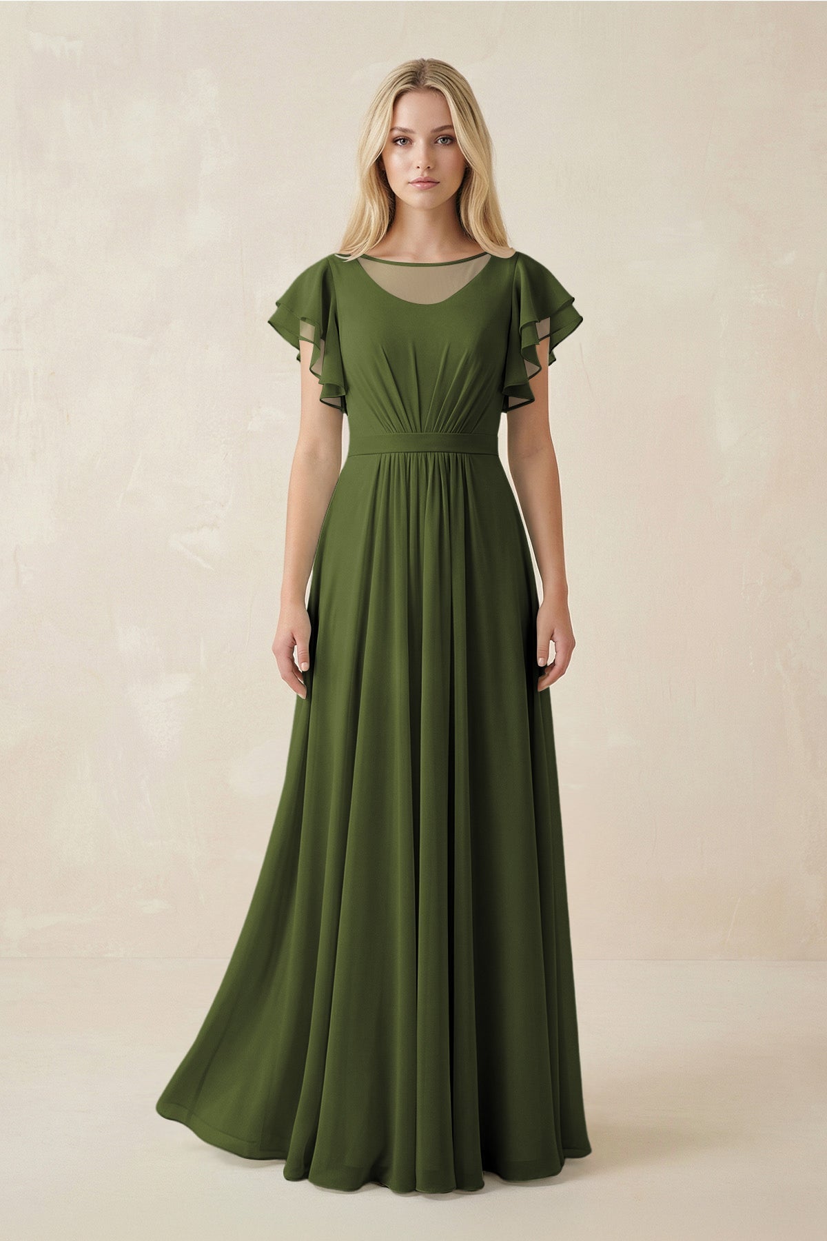 Cap Sleeve Ruffled A - Line Chiffon Bridesmaid Dress in Olive - SHE IS ME Bridesmaid Dresses