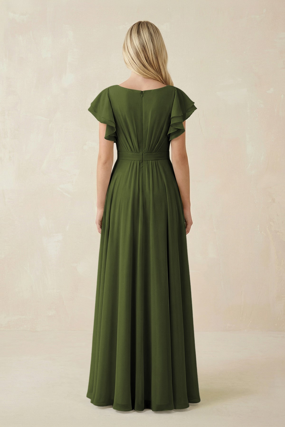 Cap Sleeve Ruffled A - Line Chiffon Bridesmaid Dress in Olive - SHE IS ME Bridesmaid Dresses