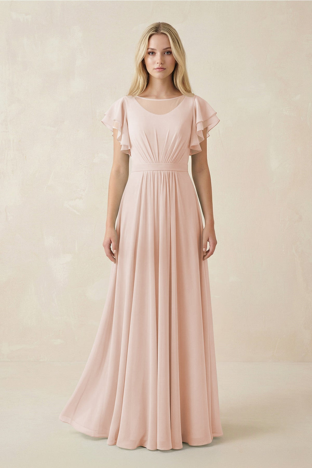 Cap Sleeve Ruffled A - Line Chiffon Bridesmaid Dress in Pale Blush - SHE IS ME Bridesmaid Dresses