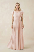 Cap Sleeve Ruffled A - Line Chiffon Bridesmaid Dress in Pale Blush - SHE IS ME Bridesmaid Dresses