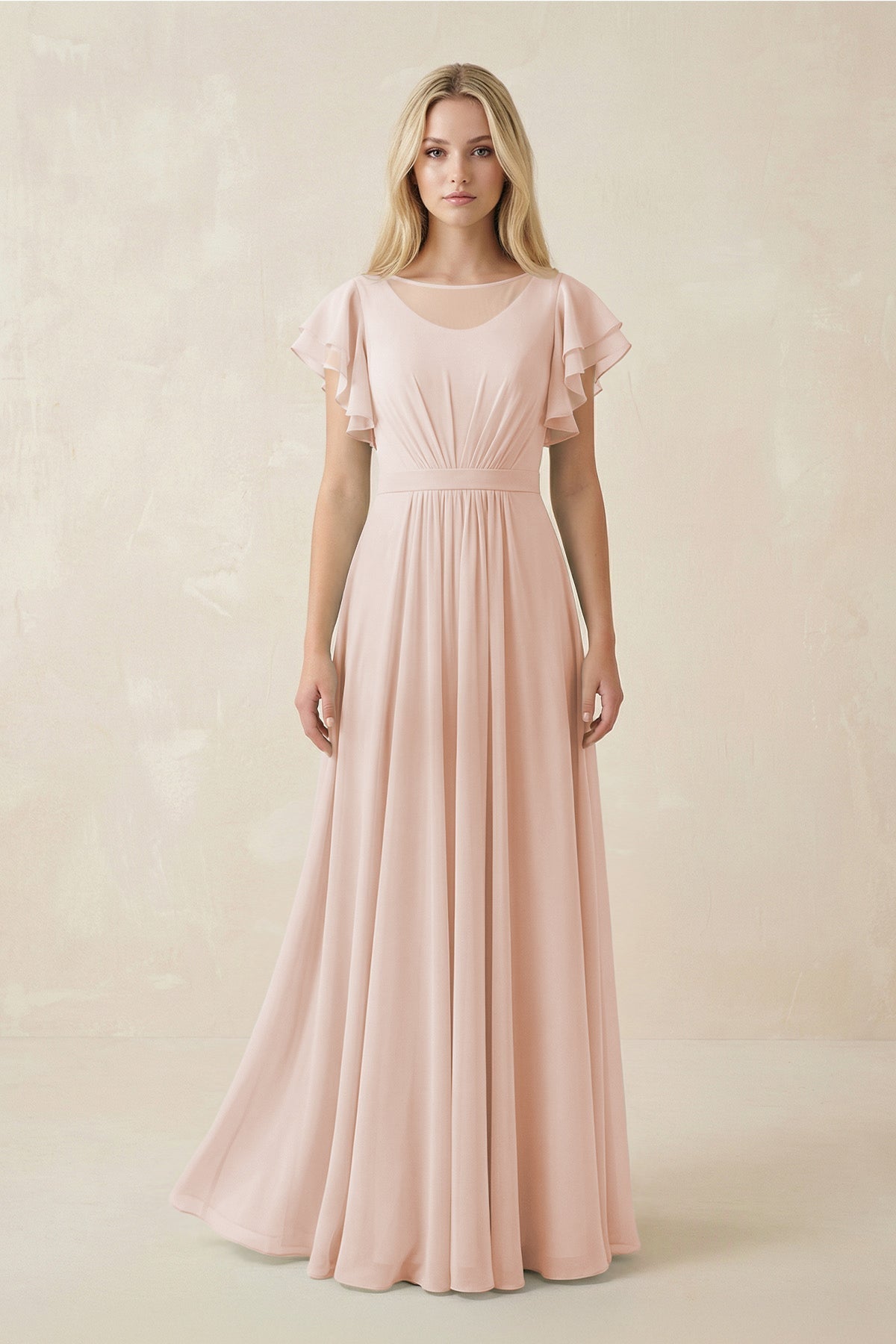 Cap Sleeve Ruffled A - Line Chiffon Bridesmaid Dress in Pale Blush - SHE IS ME Bridesmaid Dresses