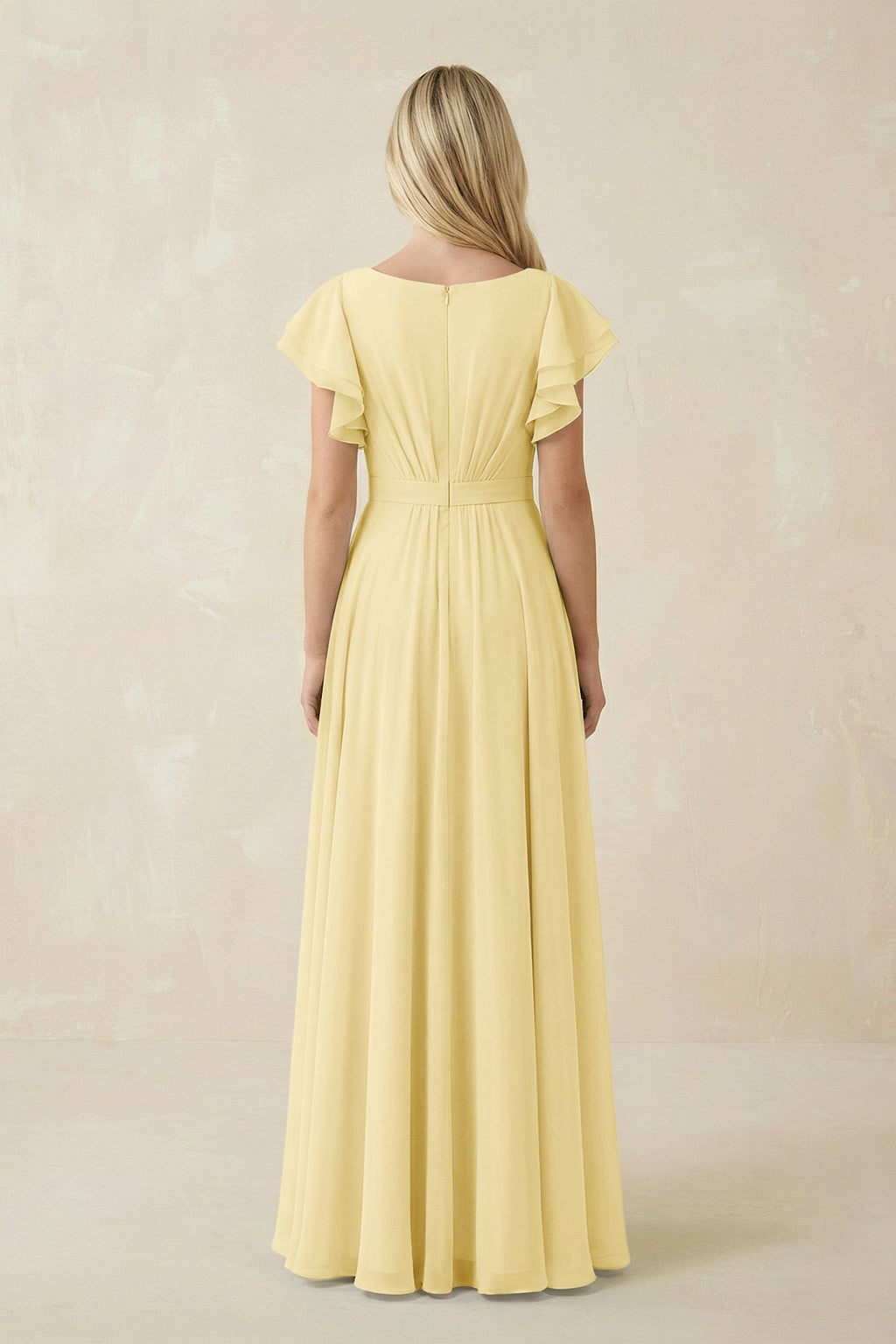 Cap Sleeve Ruffled A - Line Chiffon Bridesmaid Dress in Pastel Yellow - SHE IS ME Bridesmaid Dresses