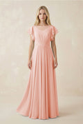 Cap Sleeve Ruffled A - Line Chiffon Bridesmaid Dress in Rose Petal - SHE IS ME Bridesmaid Dresses