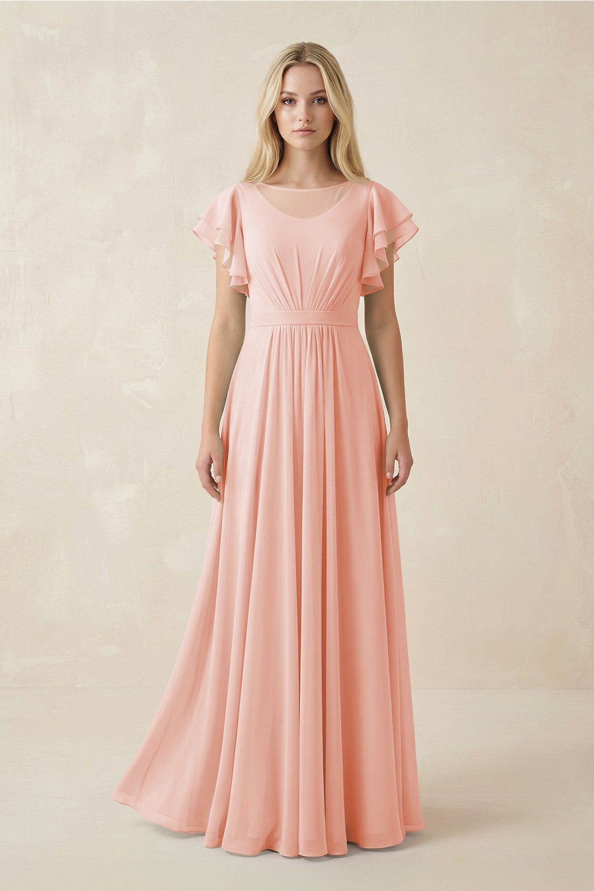 Cap Sleeve Ruffled A - Line Chiffon Bridesmaid Dress in Rose Petal - SHE IS ME Bridesmaid Dresses