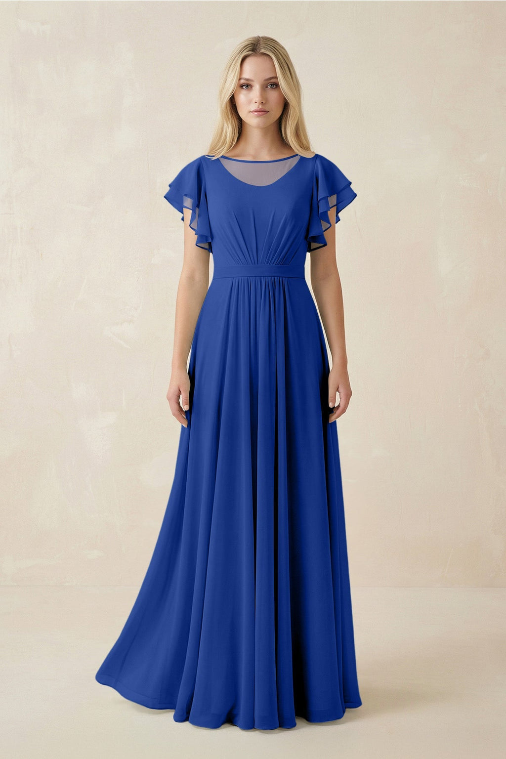 Cap Sleeve Ruffled A - Line Chiffon Bridesmaid Dress in Royal Blue - SHE IS ME Bridesmaid Dresses