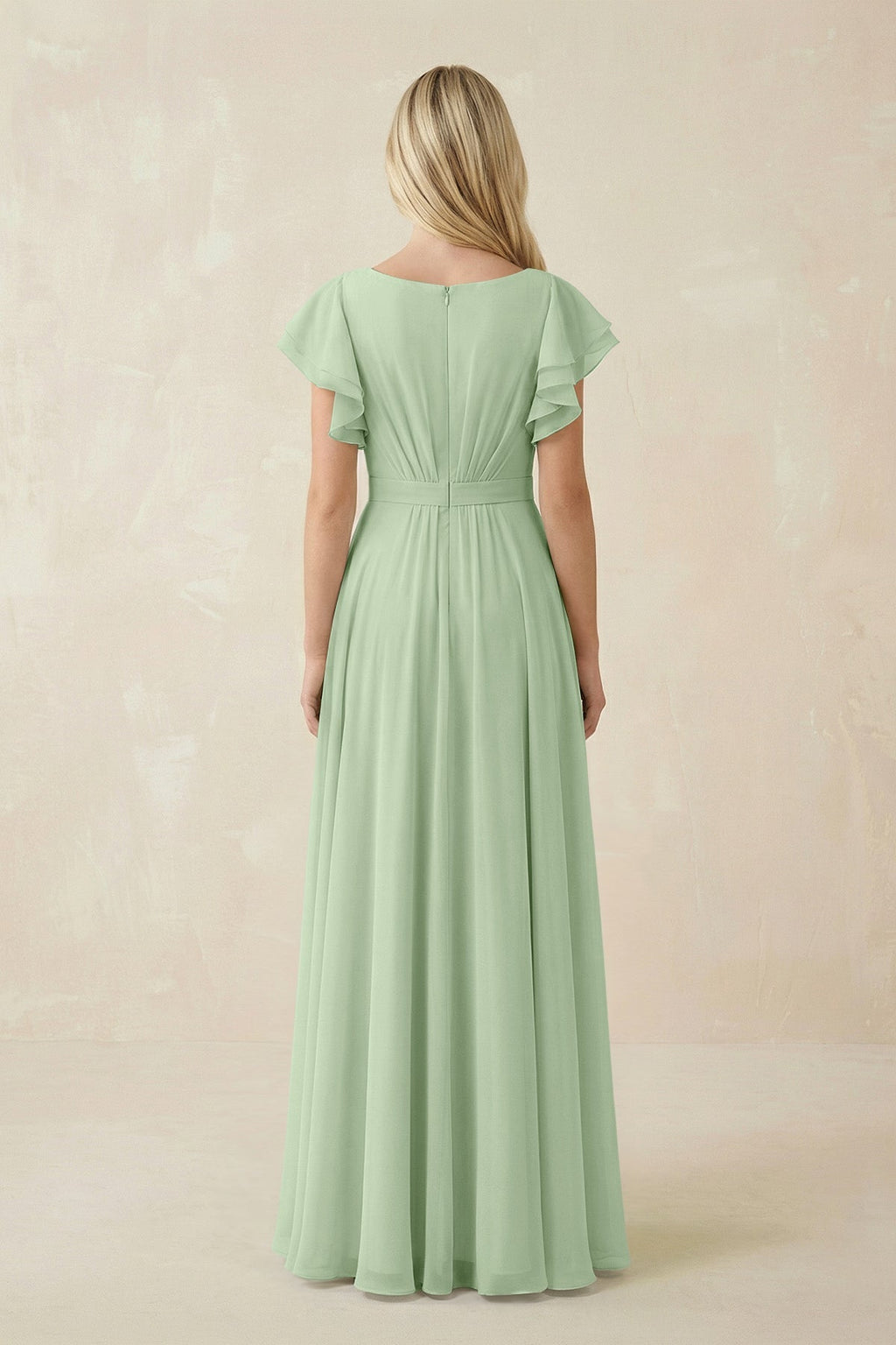 Cap Sleeve Ruffled A - Line Chiffon Bridesmaid Dress in Sage - SHE IS ME Bridesmaid Dresses