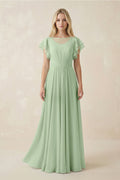 Cap Sleeve Ruffled A - Line Chiffon Bridesmaid Dress in Sage - SHE IS ME Bridesmaid Dresses