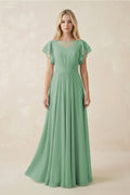Cap Sleeve Ruffled A - Line Chiffon Bridesmaid Dress in Sea Glass - SHE IS ME Bridesmaid Dresses