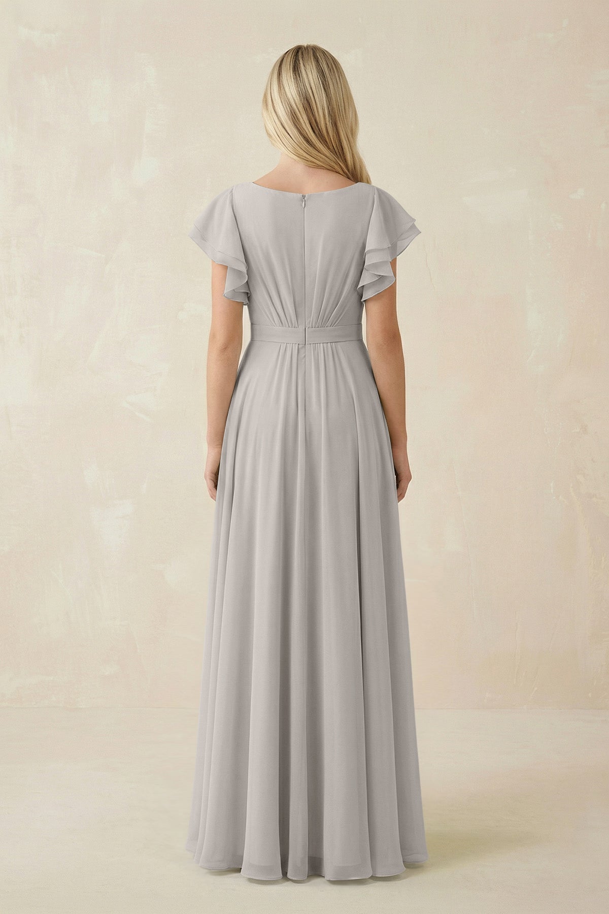 Cap Sleeve Ruffled A - Line Chiffon Bridesmaid Dress in Silver - SHE IS ME Bridesmaid Dresses