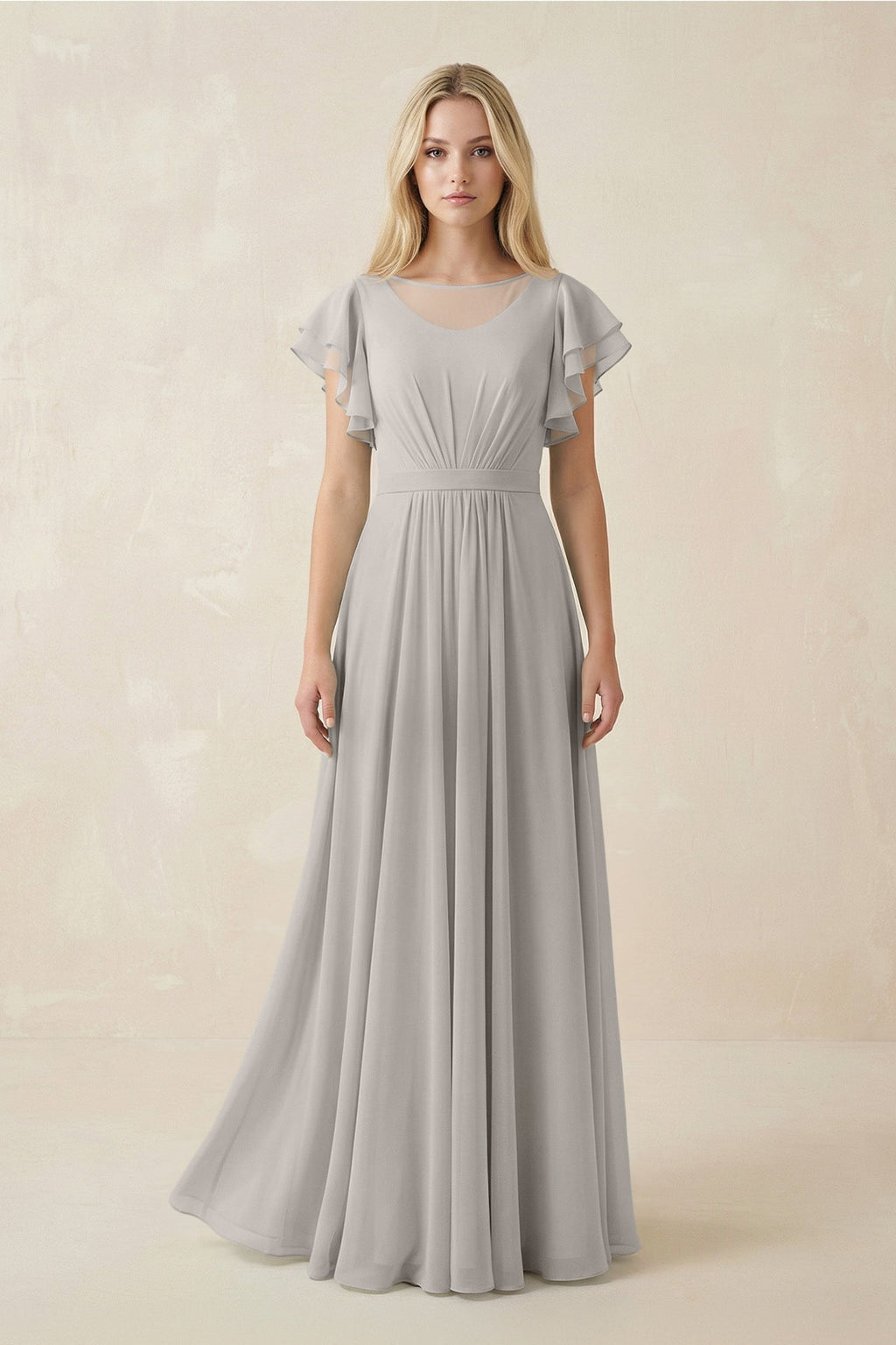 Cap Sleeve Ruffled A - Line Chiffon Bridesmaid Dress in Silver - SHE IS ME Bridesmaid Dresses