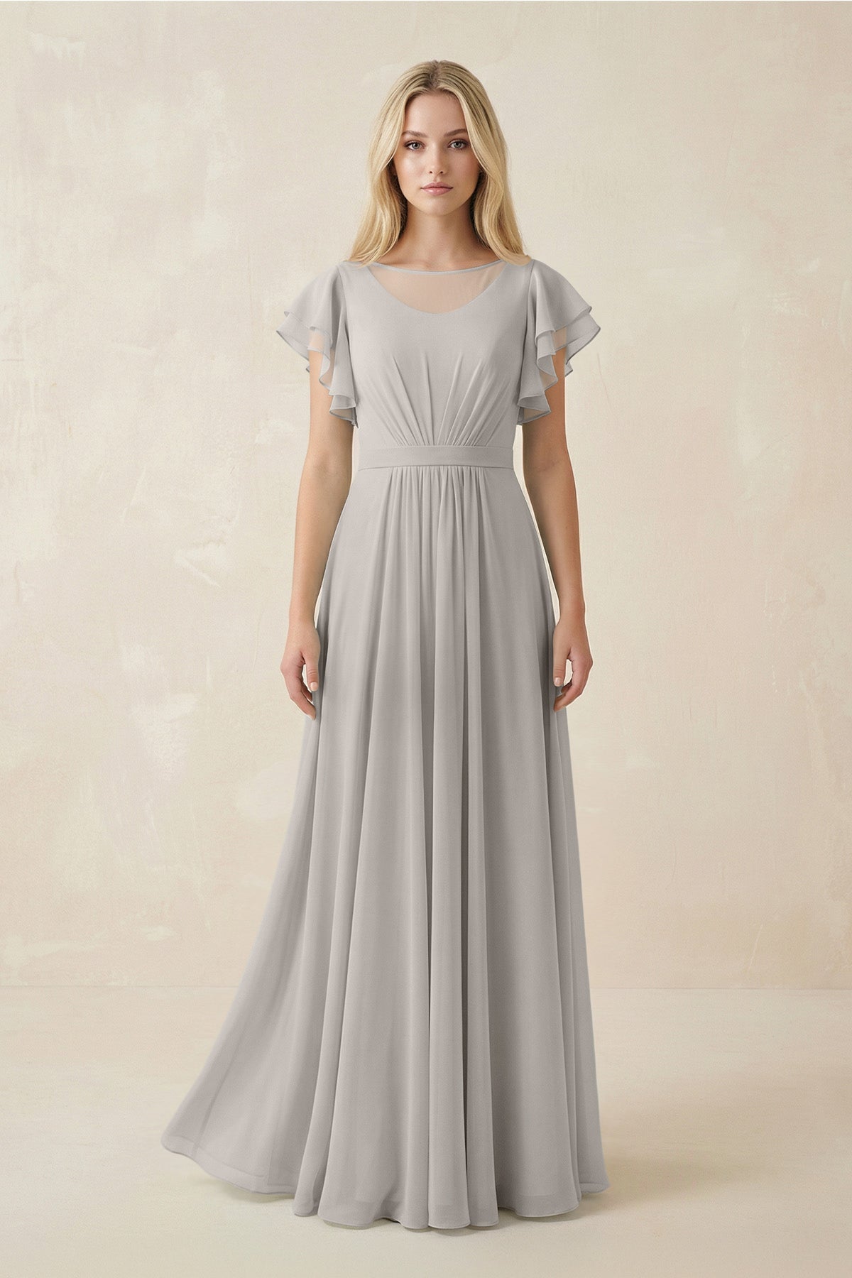 Cap Sleeve Ruffled A - Line Chiffon Bridesmaid Dress in Silver - SHE IS ME Bridesmaid Dresses
