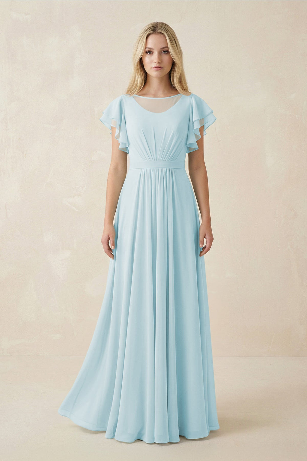 Cap Sleeve Ruffled A - Line Chiffon Bridesmaid Dress in Sky Blue - SHE IS ME Bridesmaid Dresses