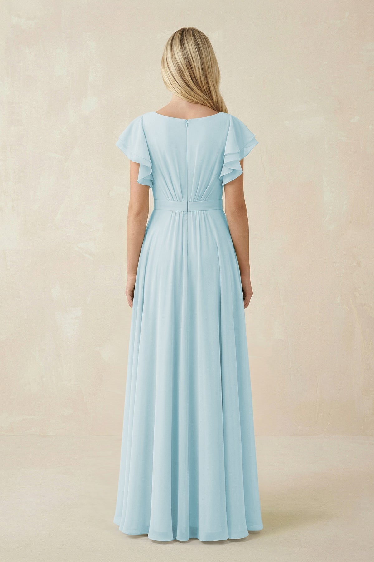 Cap Sleeve Ruffled A - Line Chiffon Bridesmaid Dress in Sky Blue - SHE IS ME Bridesmaid Dresses