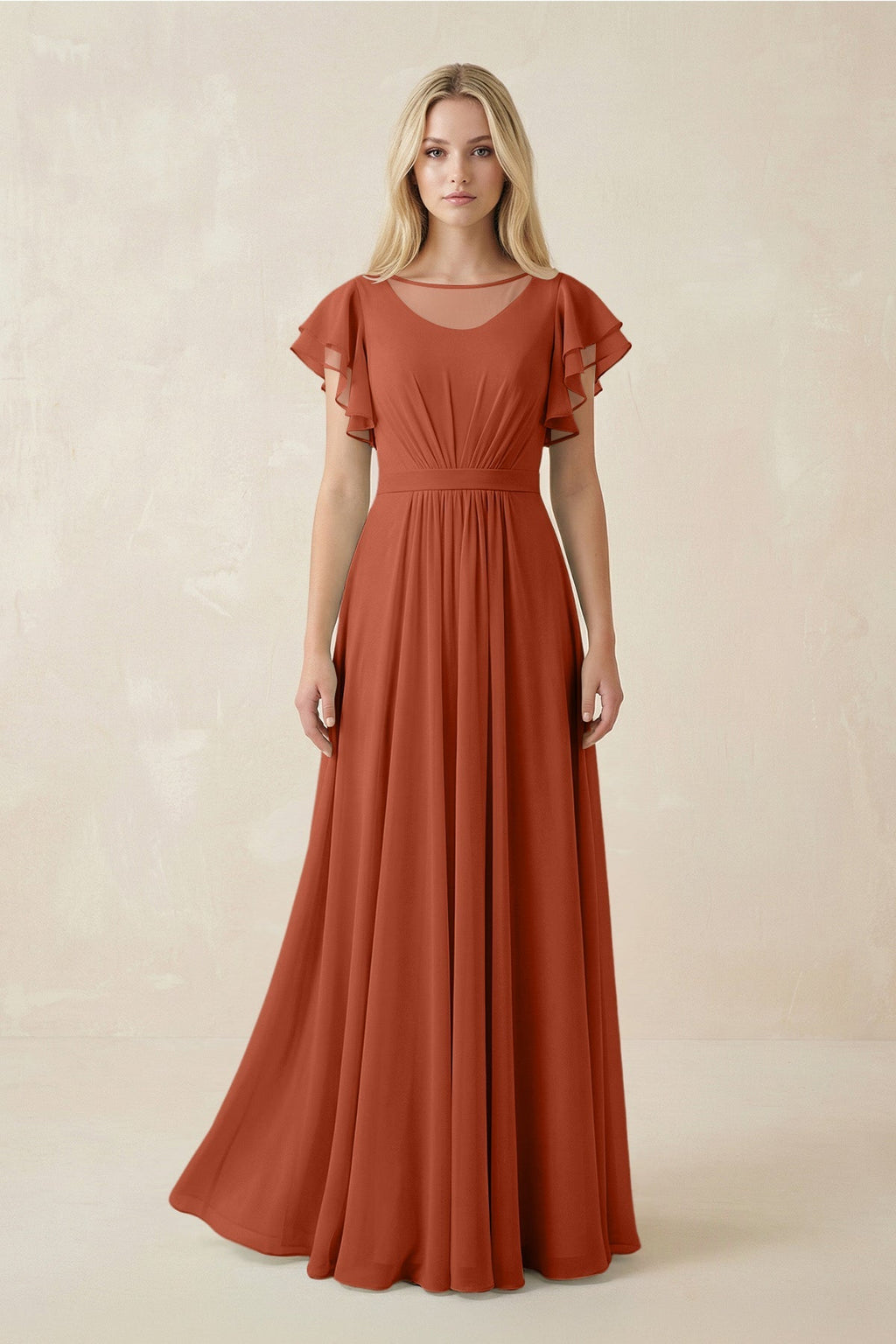 Cap Sleeve Ruffled A - Line Chiffon Bridesmaid Dress in Spice - SHE IS ME Bridesmaid Dresses