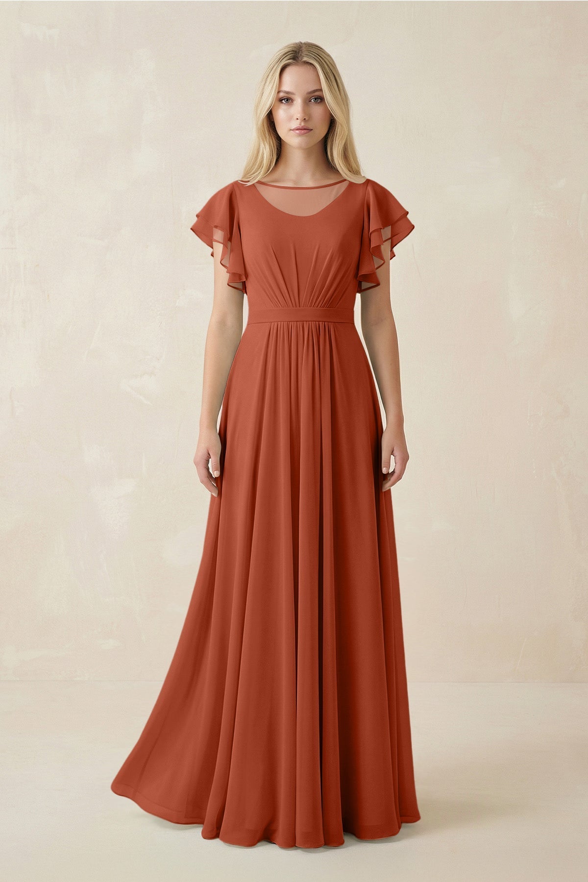 Cap Sleeve Ruffled A - Line Chiffon Bridesmaid Dress in Spice - SHE IS ME Bridesmaid Dresses