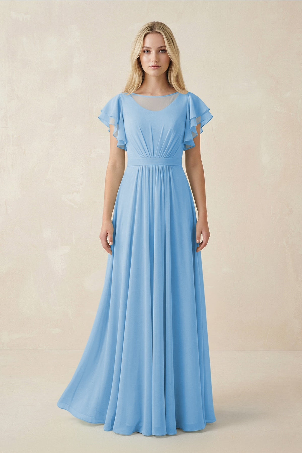 Cap Sleeve Ruffled A - Line Chiffon Bridesmaid Dress in Steel Blue - SHE IS ME Bridesmaid Dresses