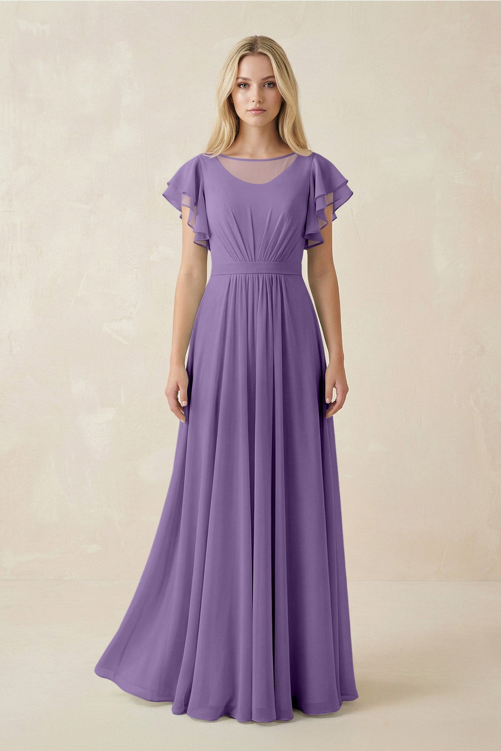 Cap Sleeve Ruffled A - Line Chiffon Bridesmaid Dress in Tahiti - SHE IS ME Bridesmaid Dresses