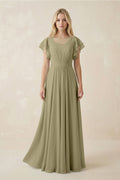 Cap Sleeve Ruffled A - Line Chiffon Bridesmaid Dress in Thyme - SHE IS ME Bridesmaid Dresses