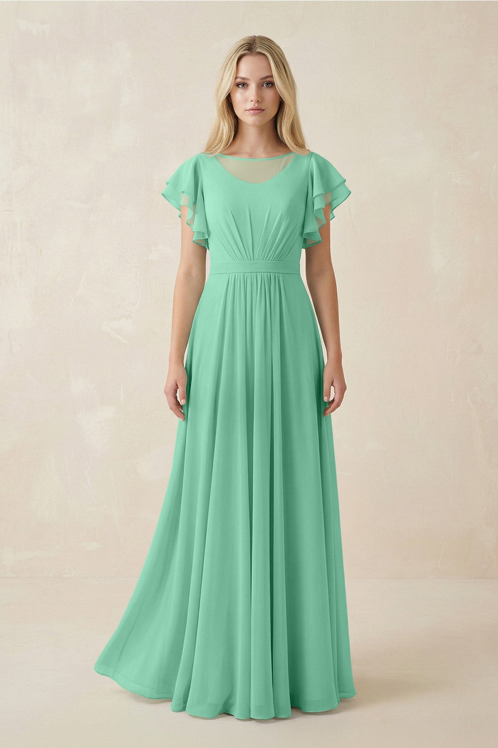Cap Sleeve Ruffled A - Line Chiffon Bridesmaid Dress in Turquoise - SHE IS ME Bridesmaid Dresses