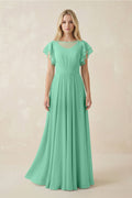 Cap Sleeve Ruffled A - Line Chiffon Bridesmaid Dress in Turquoise - SHE IS ME Bridesmaid Dresses