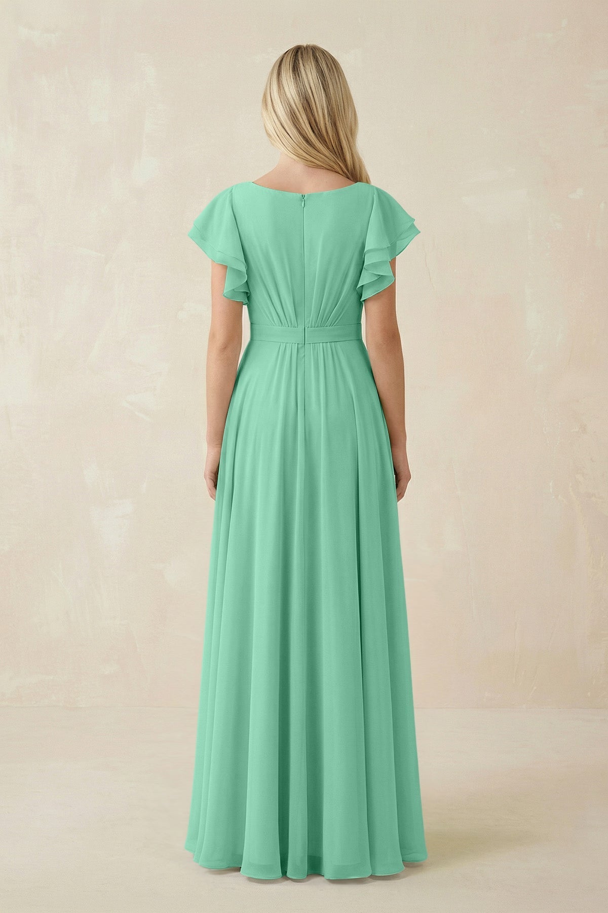 Cap Sleeve Ruffled A - Line Chiffon Bridesmaid Dress in Turquoise - SHE IS ME Bridesmaid Dresses