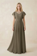 Cap Sleeve Ruffled A - Line Chiffon Bridesmaid Dress in Willow Green - SHE IS ME Bridesmaid Dresses