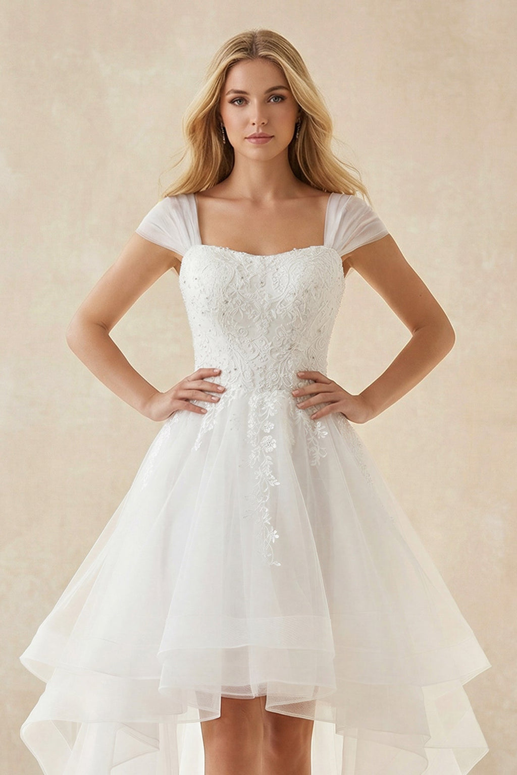 Cap Sleeves Organza High - Low Appliqued Wedding Dress in White - SHE IS ME Wedding Dresses