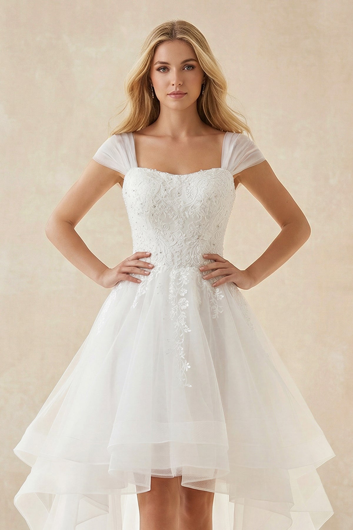 Cap Sleeves Organza High - Low Appliqued Wedding Dress in White - SHE IS ME Wedding Dresses